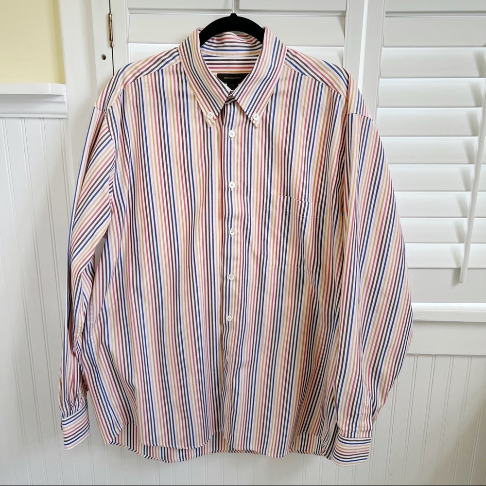 Ermenegildo Zegna White & Multicolor Stripe Cotton Button Down Shirt Men’s XXL